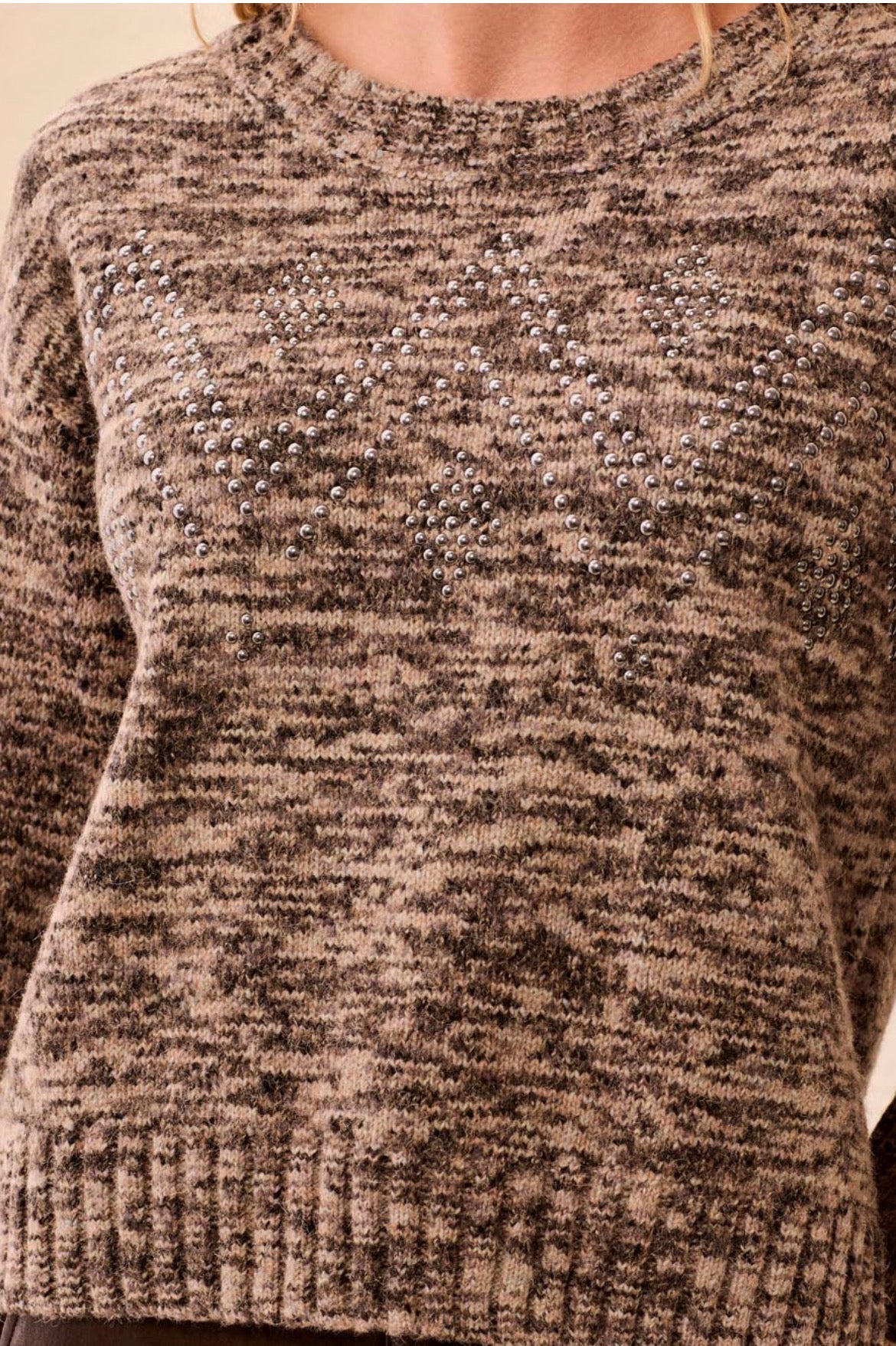 Tribal Lofty Crew Neck Sweater w/ Stud Applique Brown Multicolor