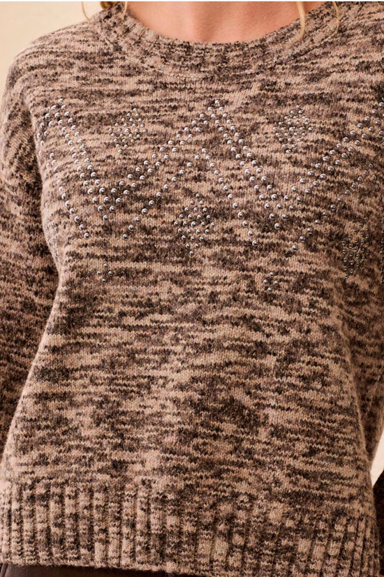 Tribal Lofty Crew Neck Sweater w/ Stud Applique Brown Multicolor