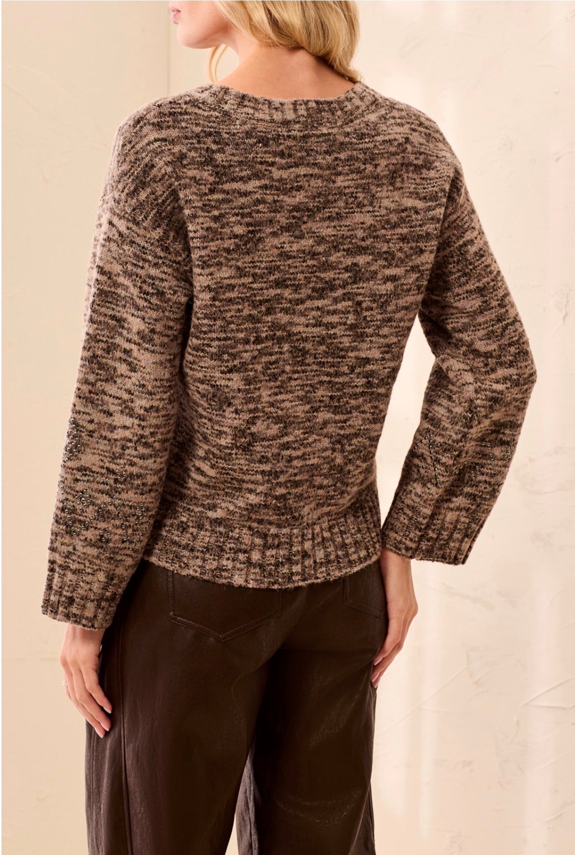 Tribal Lofty Crew Neck Sweater w/ Stud Applique Brown Multicolor