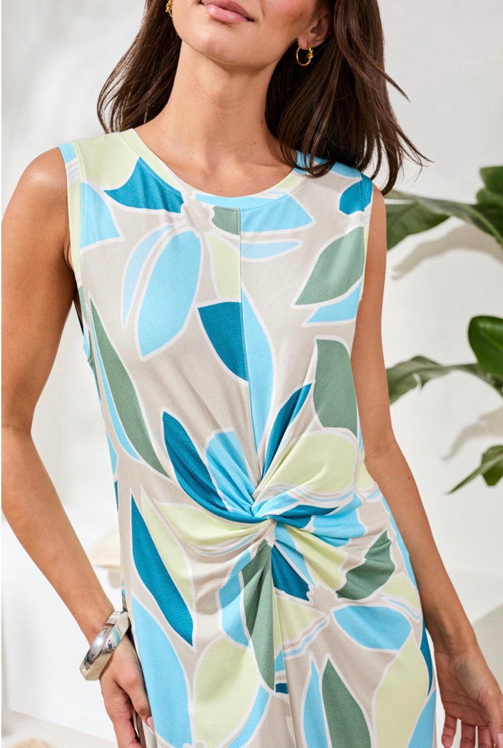 Tribal Sleeveless Print Dress with Front Detail Aqua Sky