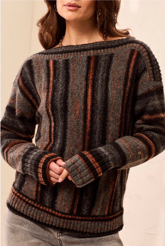 Tribal Long Sleeve Yarn Dye Boat Neck Sweater Gray Multicolor Striped