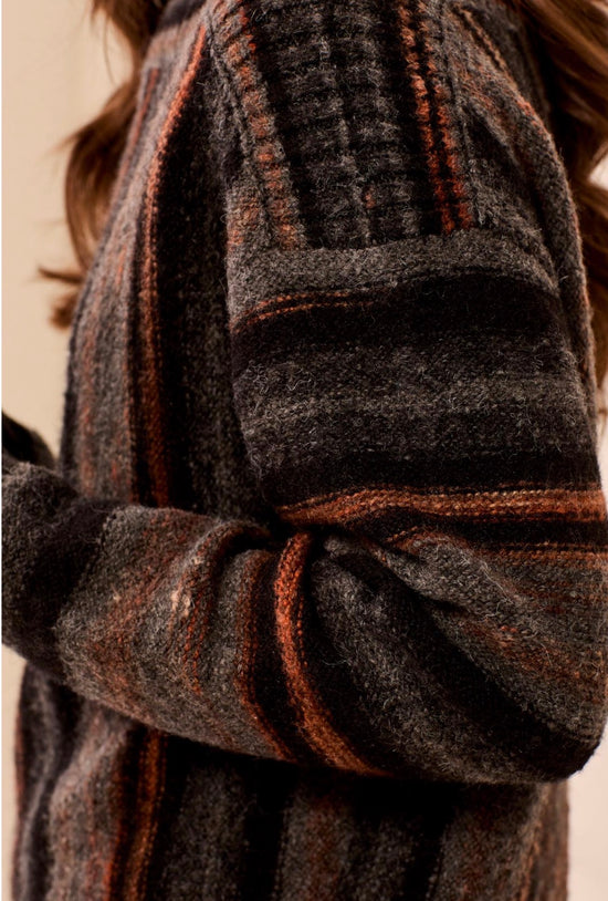 Tribal Long Sleeve Yarn Dye Boat Neck Sweater Gray Multicolor Striped