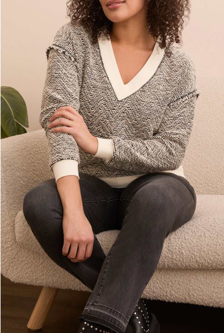 Tribal V Neck Top with Cream/Black Textured