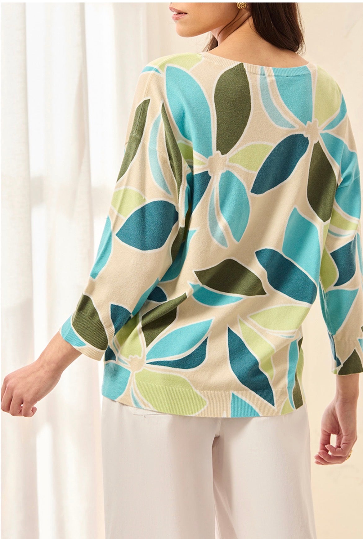 Tribal 3/4 Sleeve Crew Neck Print Sweater