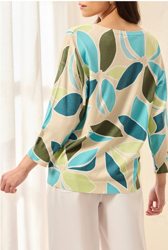Tribal 3/4 Sleeve Crew Neck Print Sweater