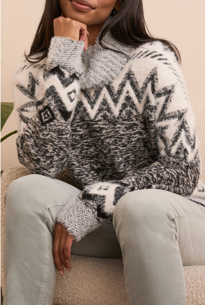 Tribal Turtle Neck Intarsia Sweater Black/Cream