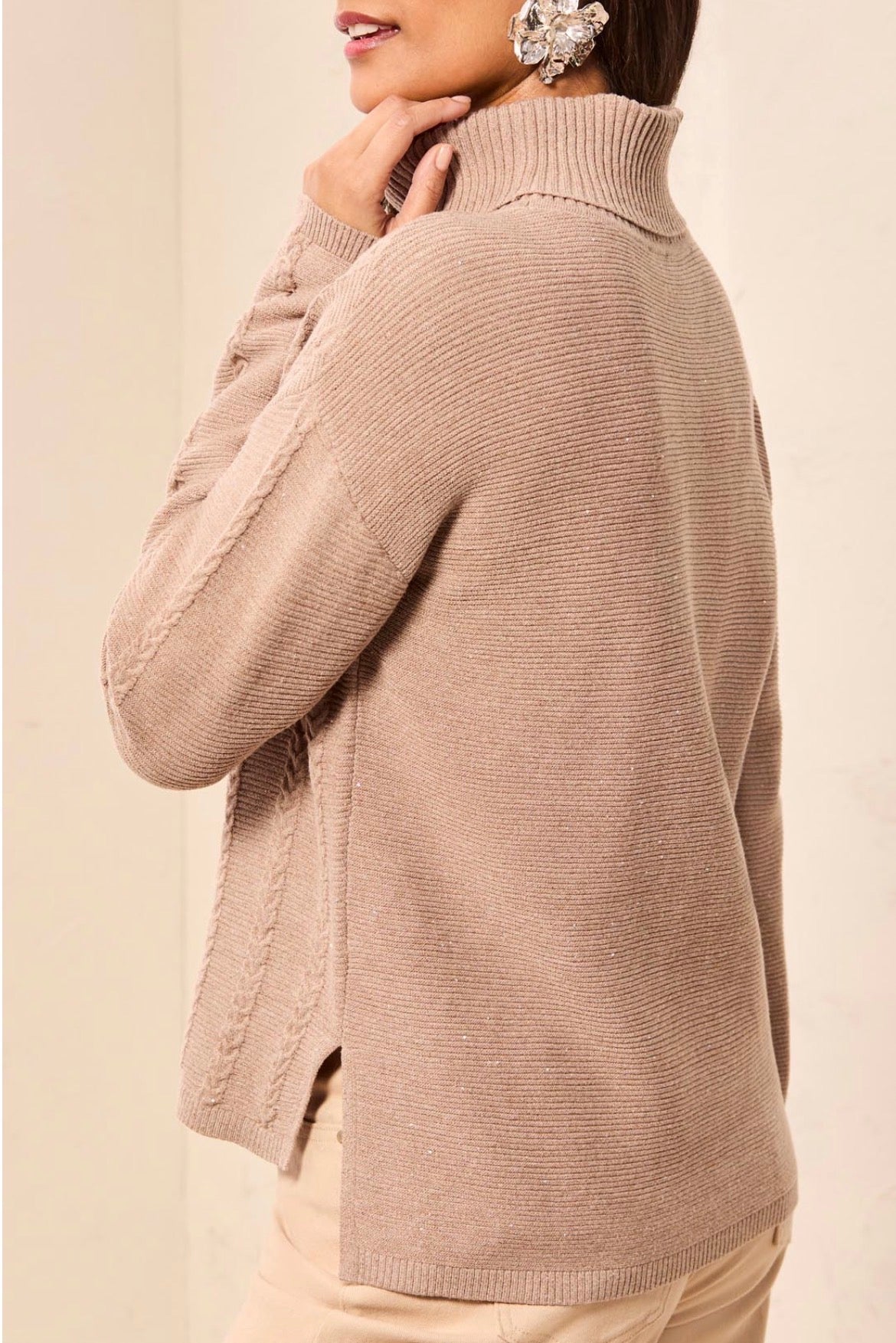 Tribal Turtleneck Cable Stitch Sweater w/ Side Slits Beige