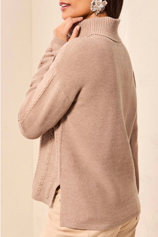 Tribal Turtleneck Cable Stitch Sweater w/ Side Slits Beige
