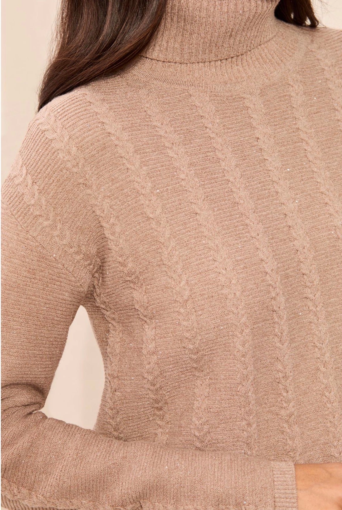 Tribal Turtleneck Cable Stitch Sweater w/ Side Slits Beige