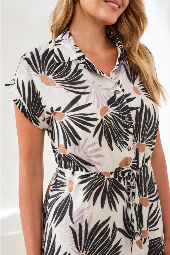 Tribal S/S Drawstring Waist Dress Printed White/Black