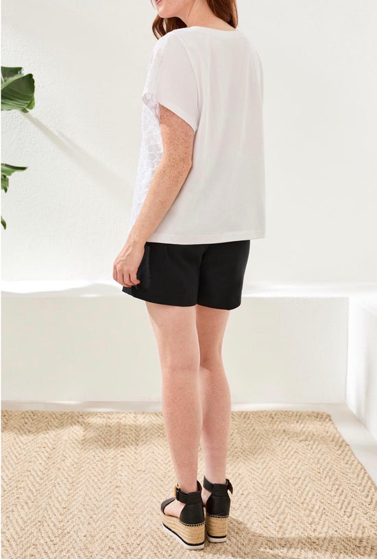 Tribal S/S Crew Neck White Tee W/ Embroidered Flowers