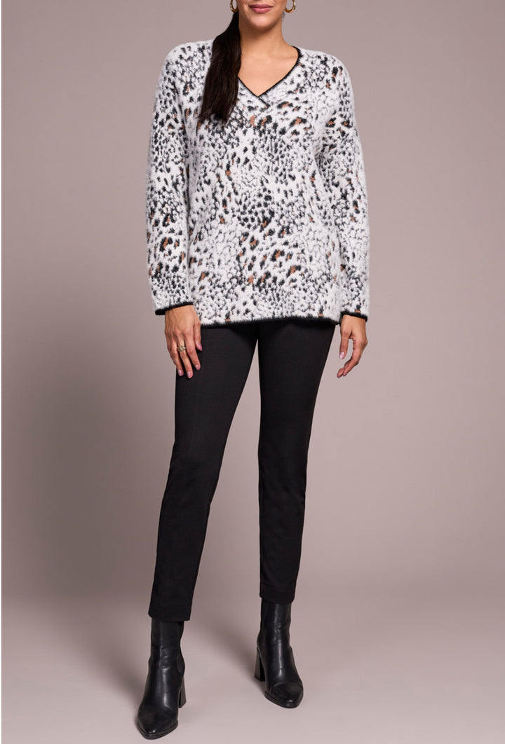 Tribal L/S V Neck Animal Print Sweater Blk/White