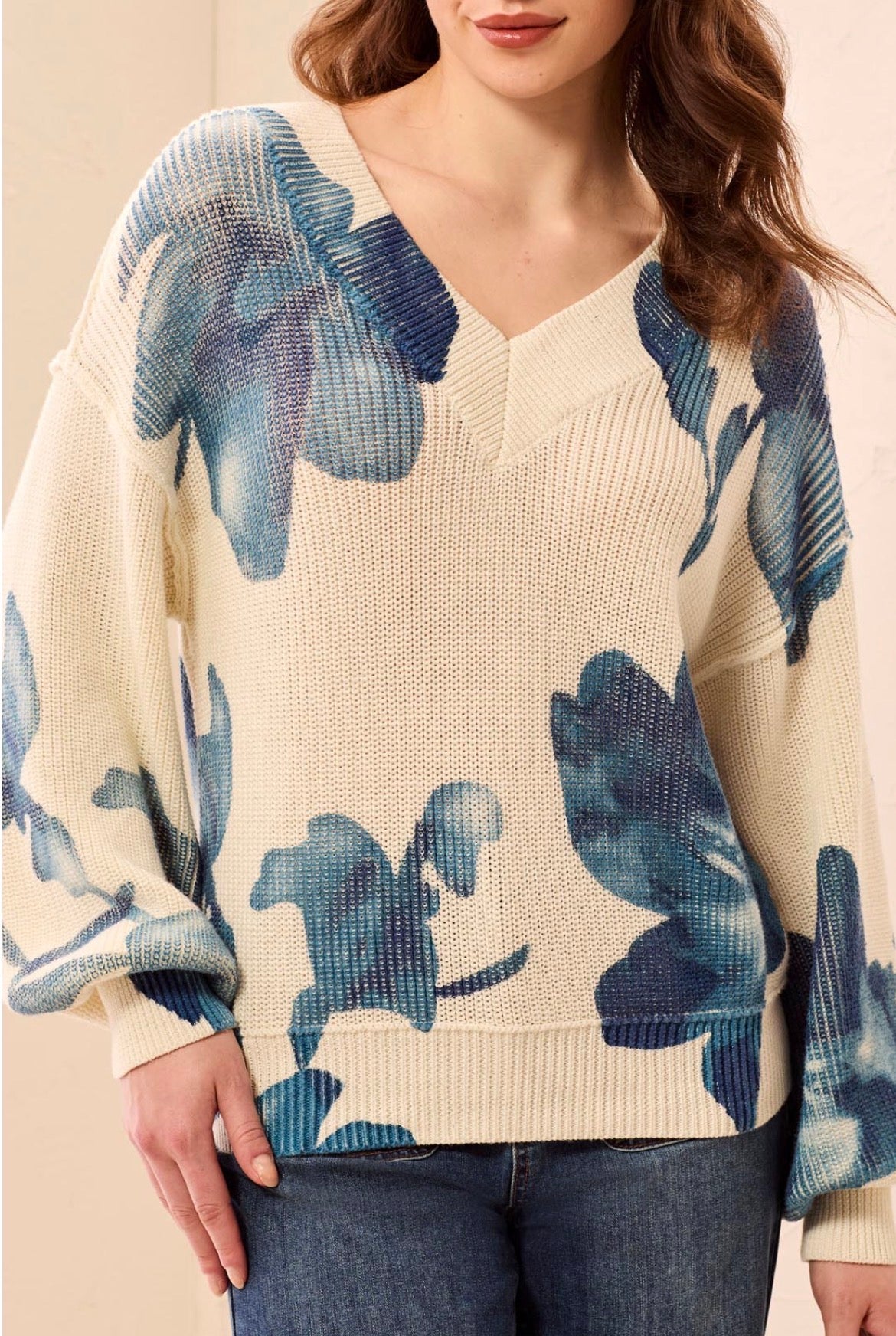 Tribal Puff Sleeve V Neck Cream Sweater with Blue Floral Design