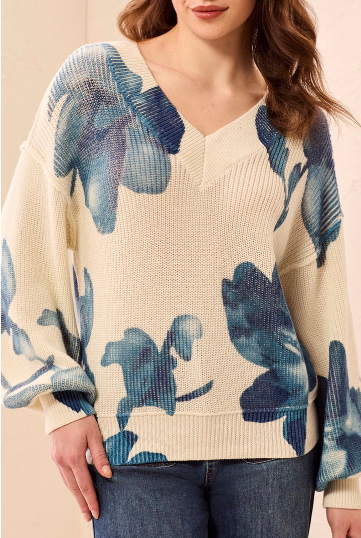 Tribal Puff Sleeve V Neck Cream Sweater with Blue Floral Design