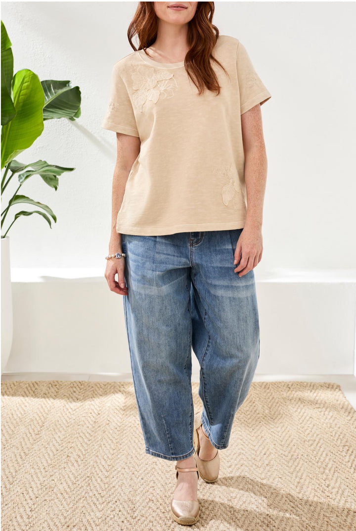 Tribal Short Sleeve Crew Neck Floral Embossed Applique Tee Ecru