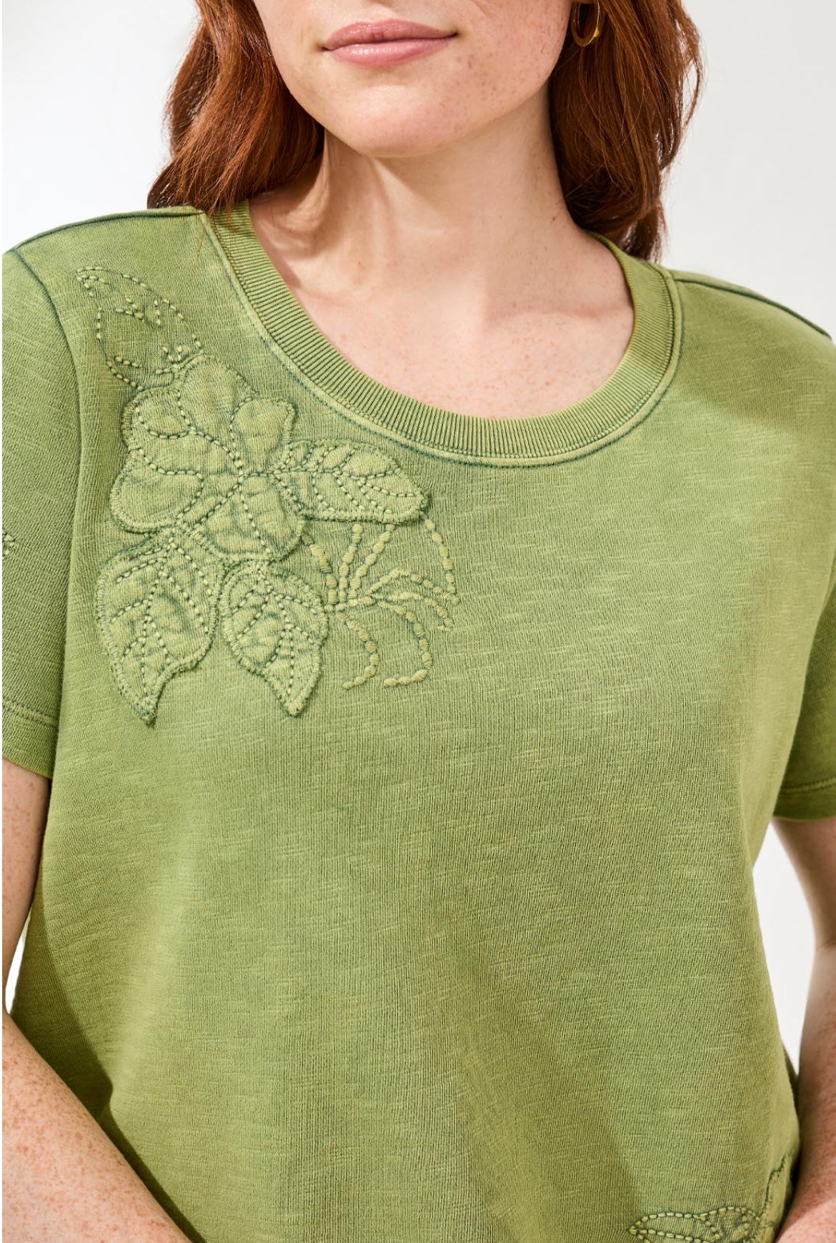 Tribal Short Sleeve Crew Neck Floral Embossed Applique Tee Kiwi