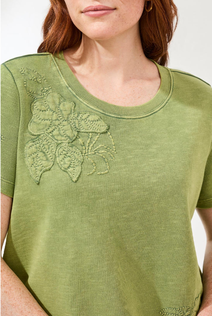 Tribal Short Sleeve Crew Neck Floral Embossed Applique Tee Kiwi