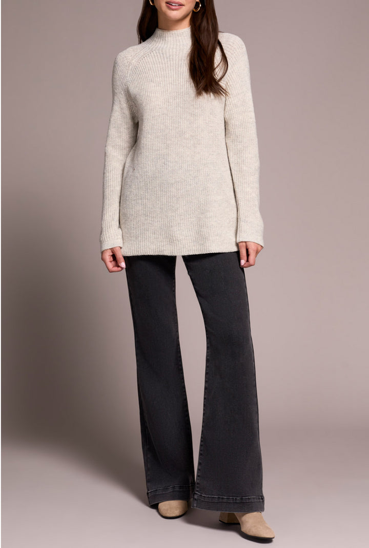 Tribal Mock Neck Heathered Knit Sweater w/Side Slits Cream