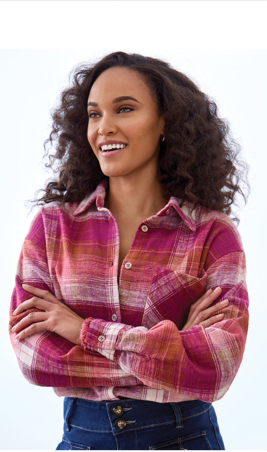 Tribal L/S Plaid Shirt Fringe Hem Plumwine