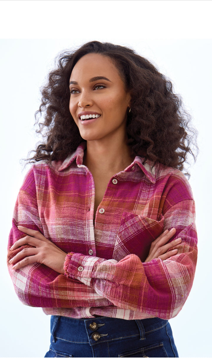 Tribal L/S Plaid Shirt Fringe Hem Plumwine