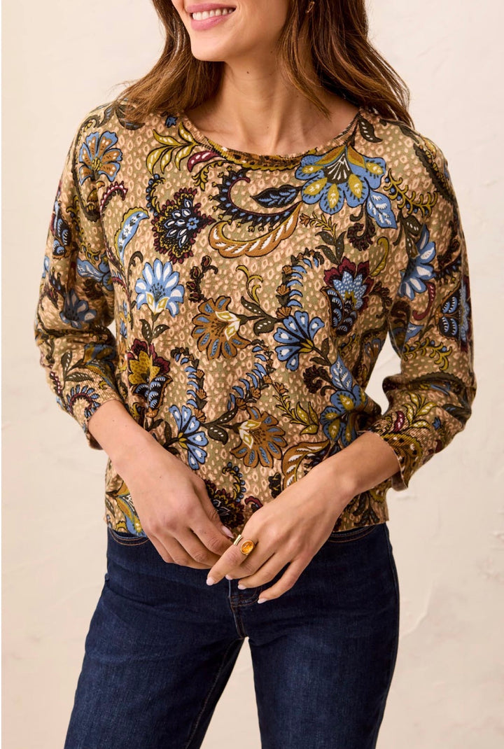 Tribal 3/4 Quarter Sleeve Crew Neck Sweater Brown Blue Pattern
