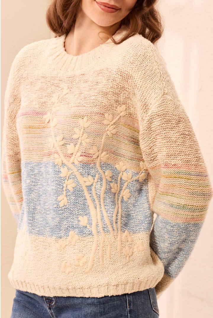 Tribal Long Sleeve Crew Neck Sweater Embroidery AZUE