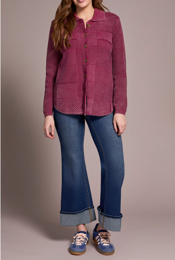 Tribal Sweater Shacket w/Special Wash Effect Plumwine
