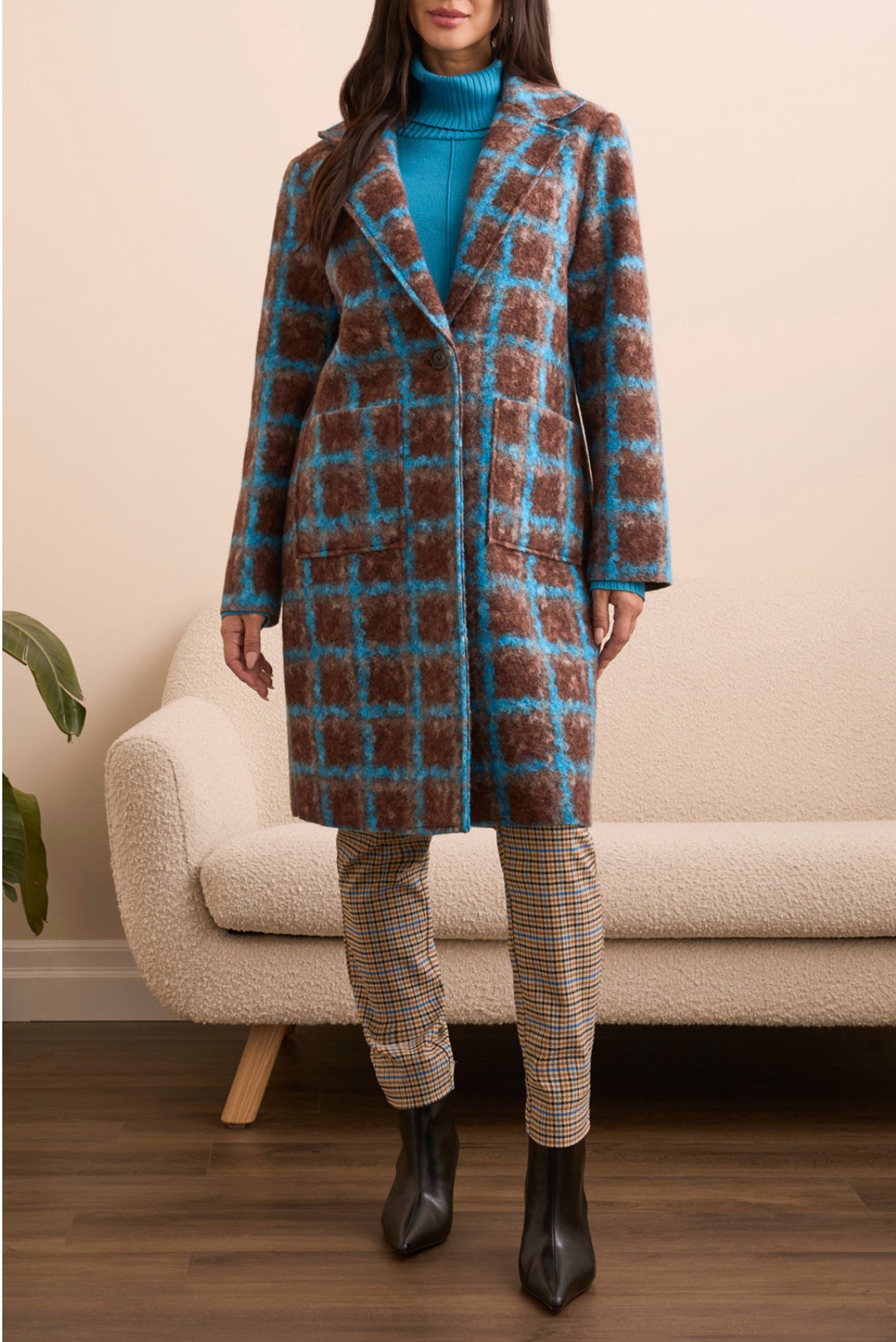 Tribal Button Front Cardigan/Coat Turquoise Brown Check
