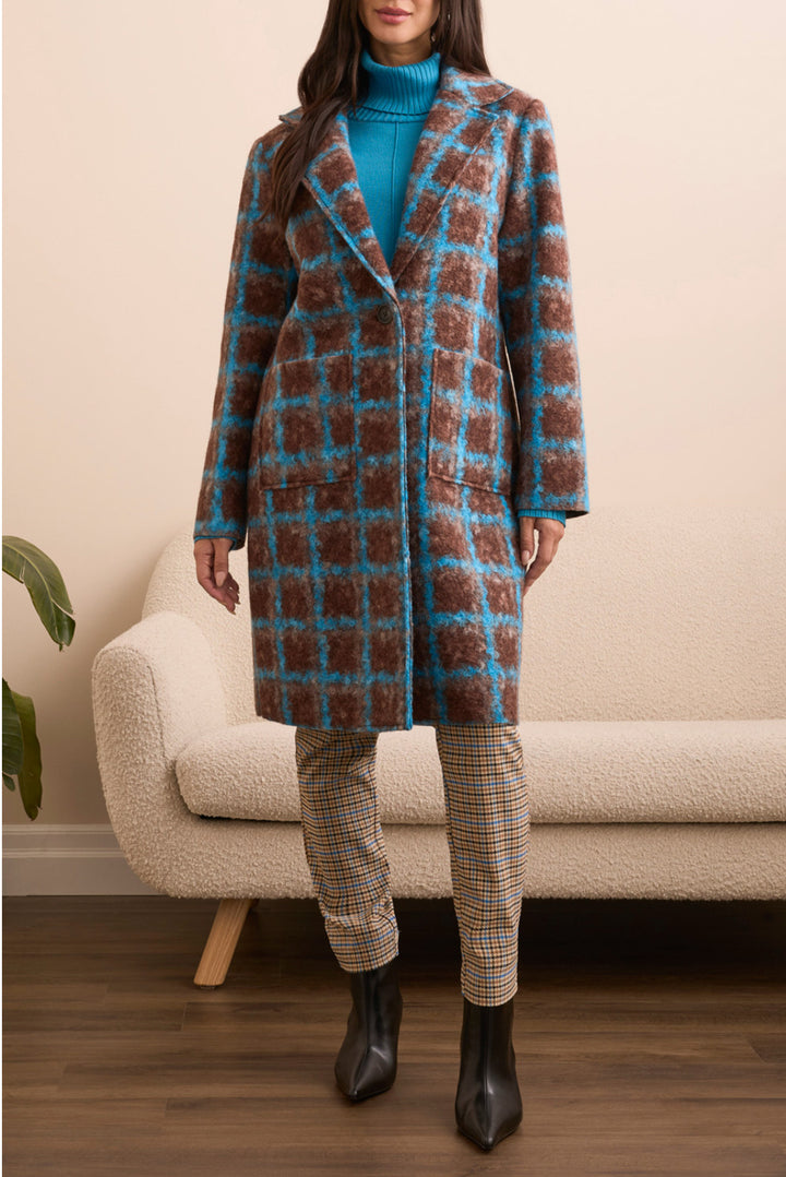 Tribal Button Front Cardigan/Coat Turquoise Brown Check