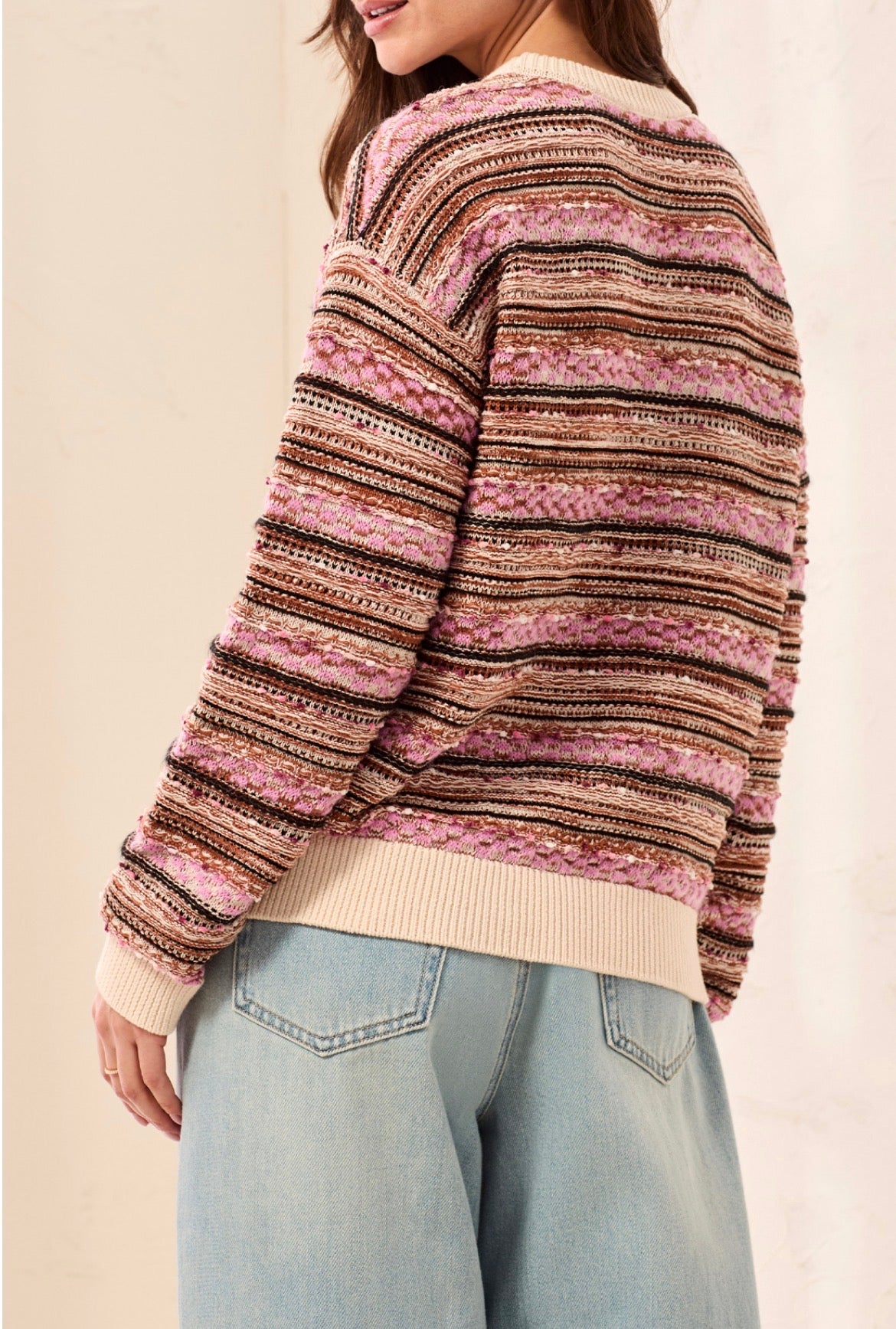 Tribal Long Sleeve Crew Neck Sweater with Contrast Stripes Ribbed Cranberry/Cream