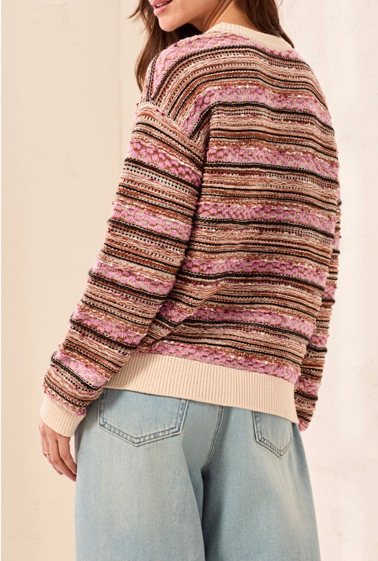 Tribal Long Sleeve Crew Neck Sweater with Contrast Stripes Ribbed Cranberry/Cream