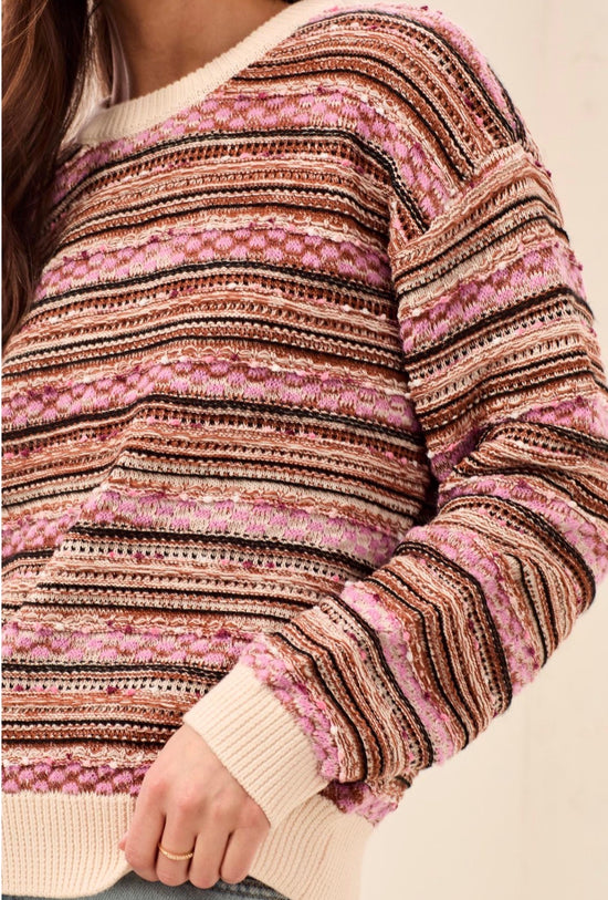 Tribal Long Sleeve Crew Neck Sweater with Contrast Stripes Ribbed Cranberry/Cream