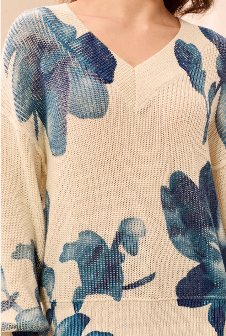 Tribal Puff Sleeve V Neck Cream Sweater with Blue Floral Design