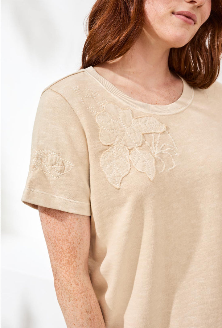 Tribal Short Sleeve Crew Neck Floral Embossed Applique Tee Ecru