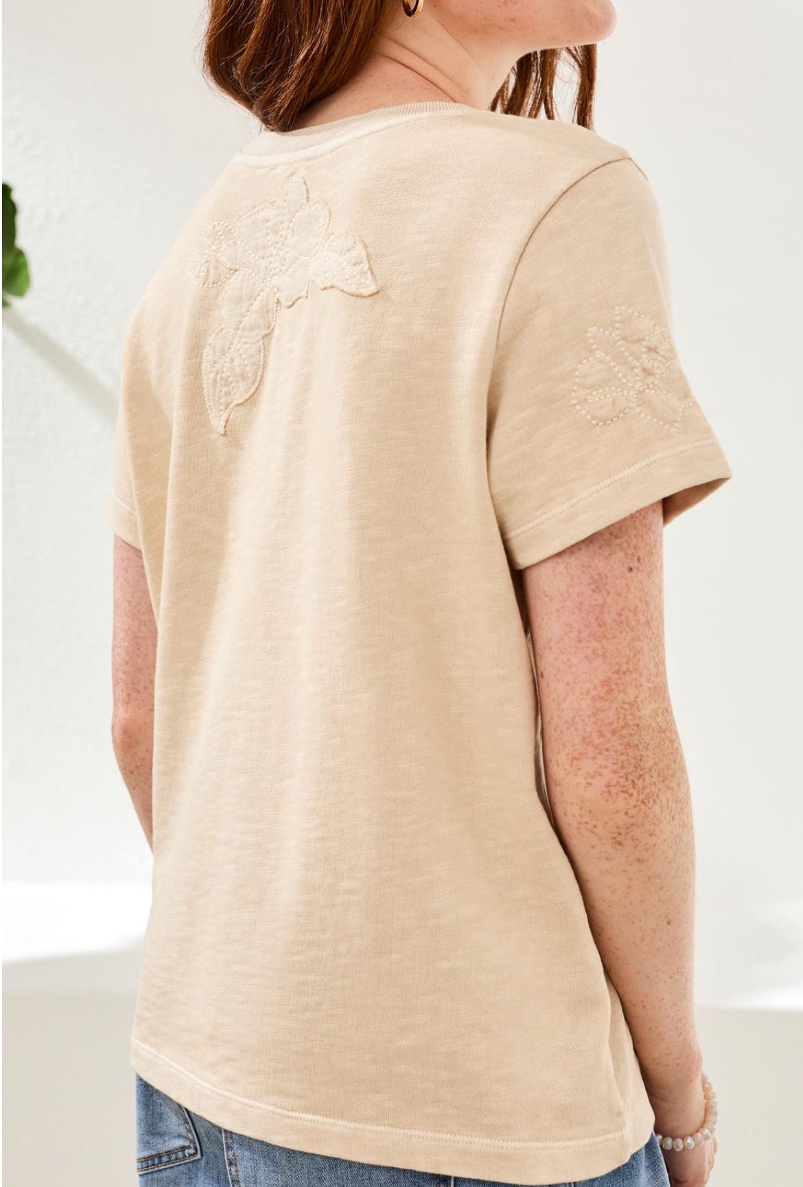 Tribal Short Sleeve Crew Neck Floral Embossed Applique Tee Ecru