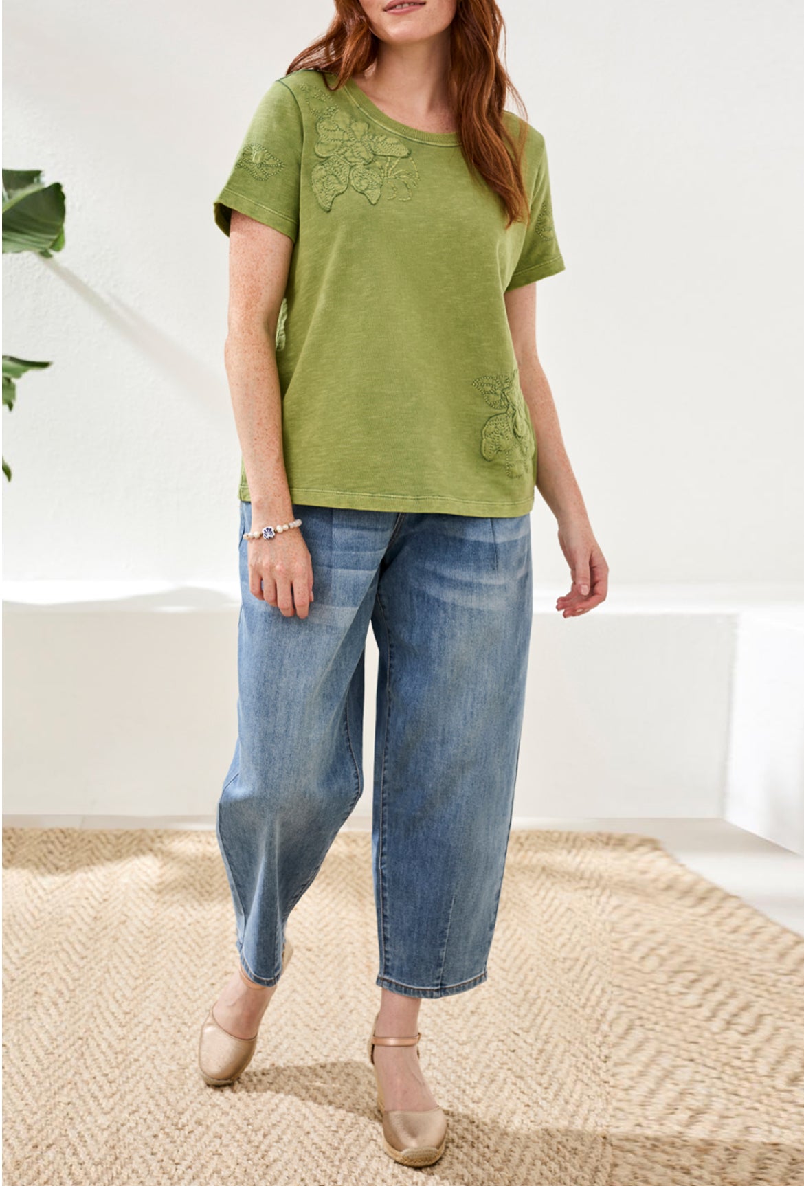 Tribal Short Sleeve Crew Neck Floral Embossed Applique Tee Kiwi