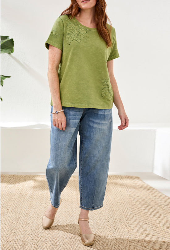 Tribal Short Sleeve Crew Neck Floral Embossed Applique Tee Kiwi