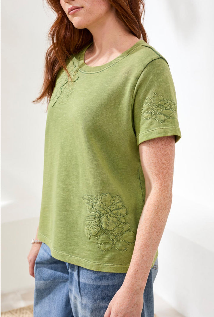 Tribal Short Sleeve Crew Neck Floral Embossed Applique Tee Kiwi