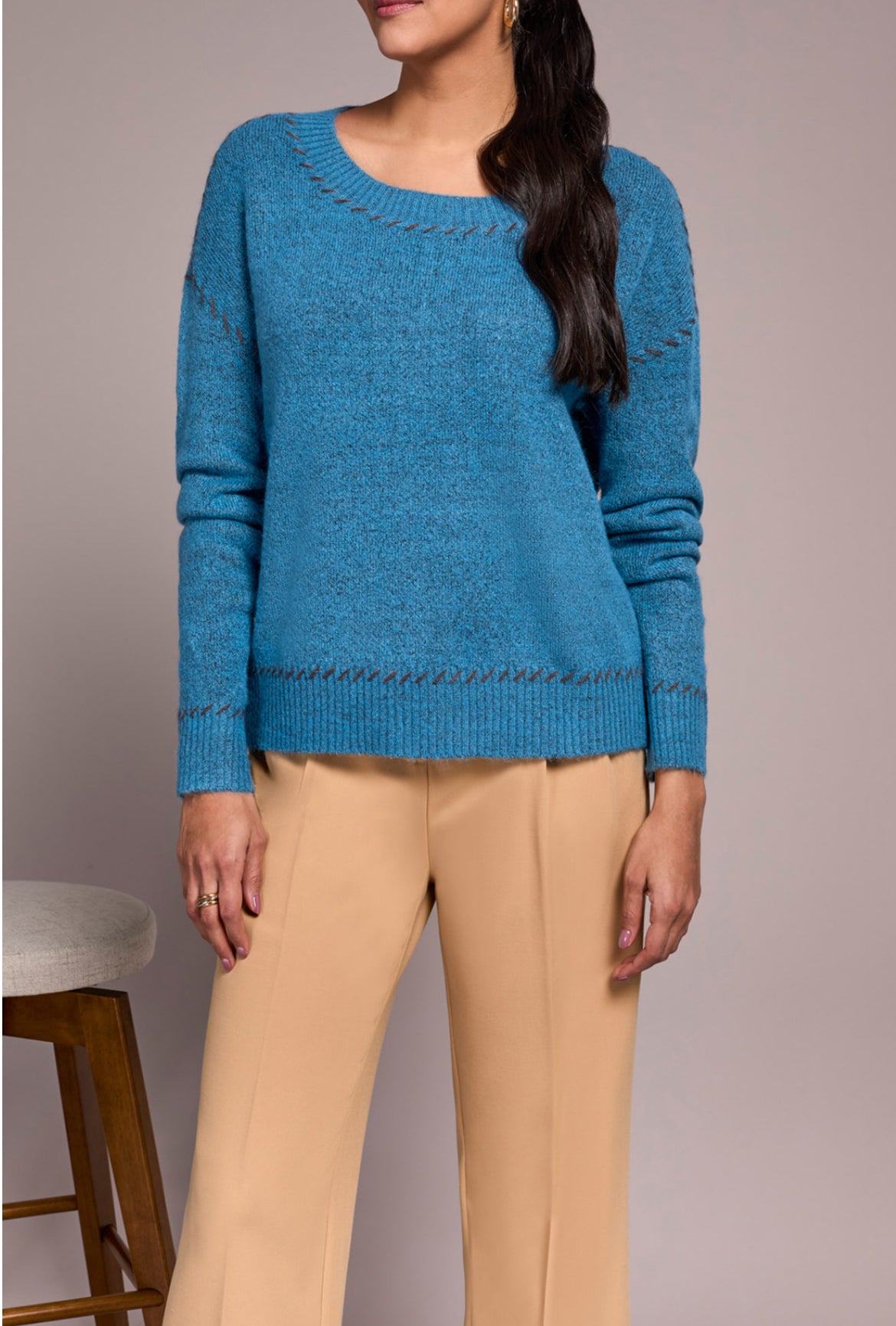 Tribal L/S Crew Neck Rope Design Details Sweater Turquoise