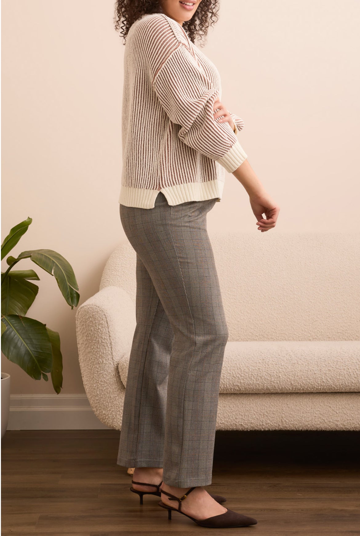 Tribal Crew Neck L/S Striped Sweater with Slits Almond Latte