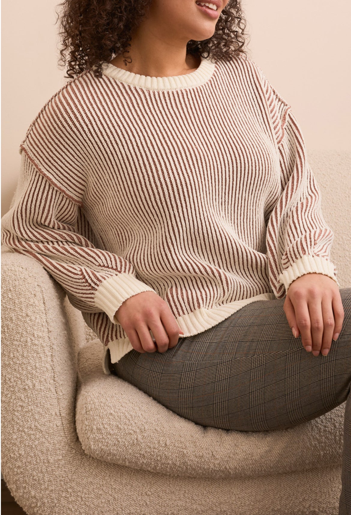 Tribal Crew Neck L/S Striped Sweater with Slits Almond Latte