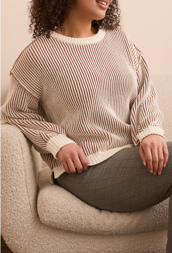 Tribal Crew Neck L/S Striped Sweater with Slits Almond Latte