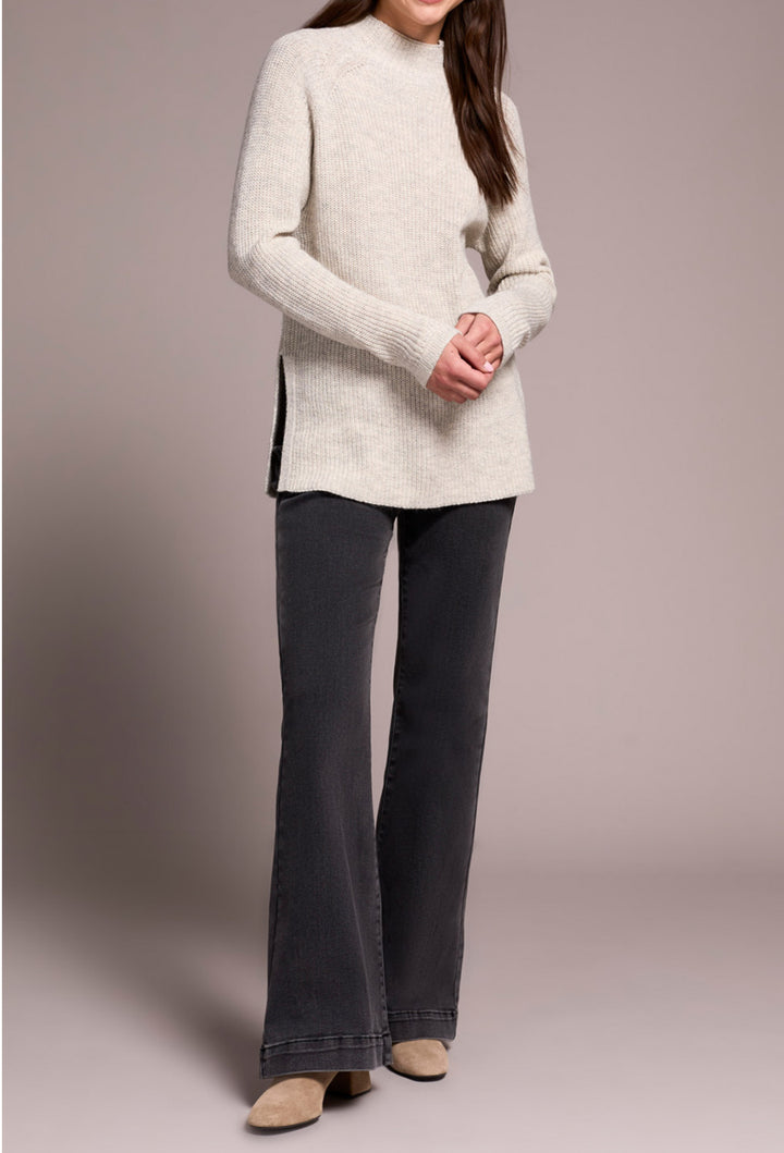 Tribal Mock Neck Heathered Knit Sweater w/Side Slits Cream
