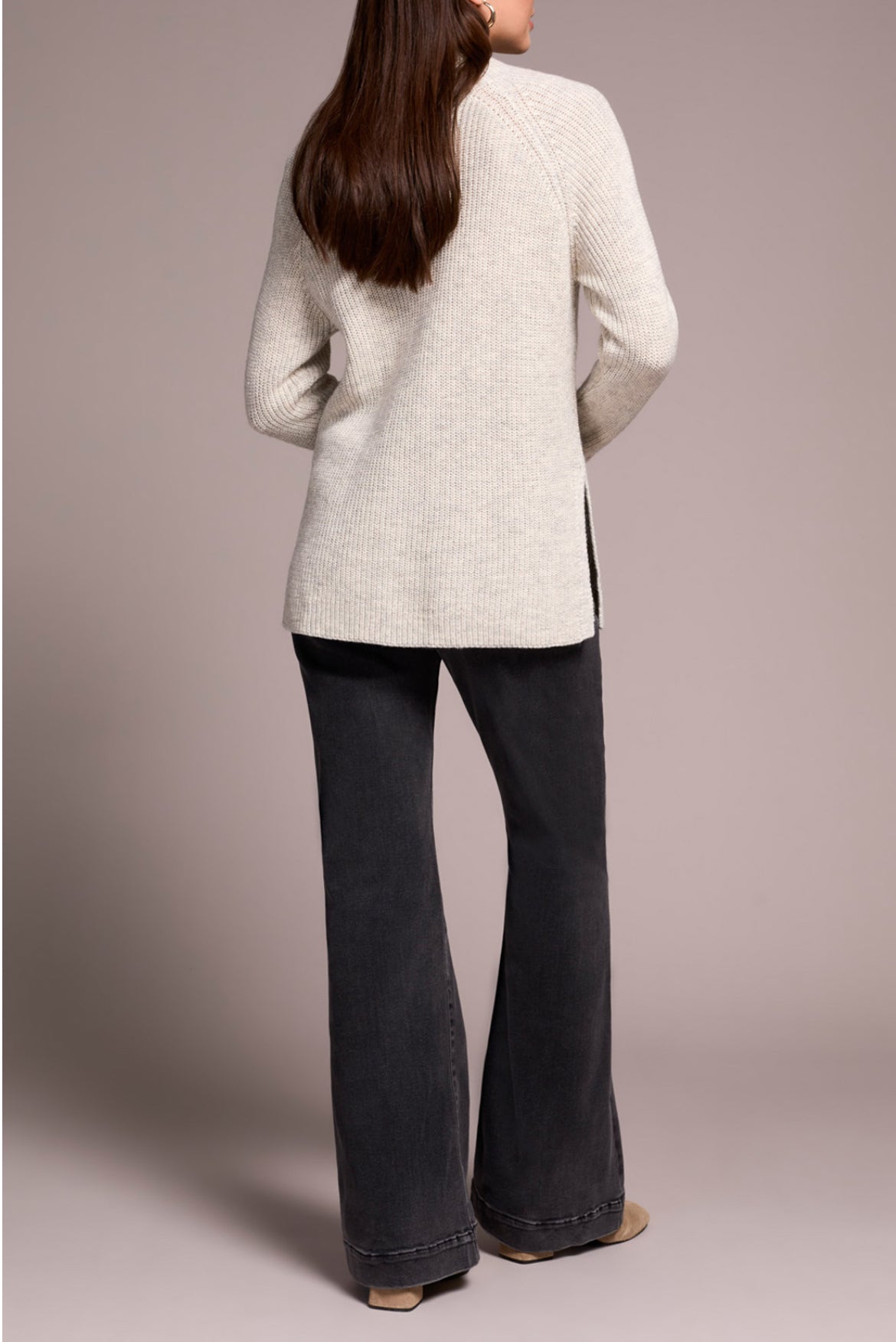 Tribal Mock Neck Heathered Knit Sweater w/Side Slits Cream
