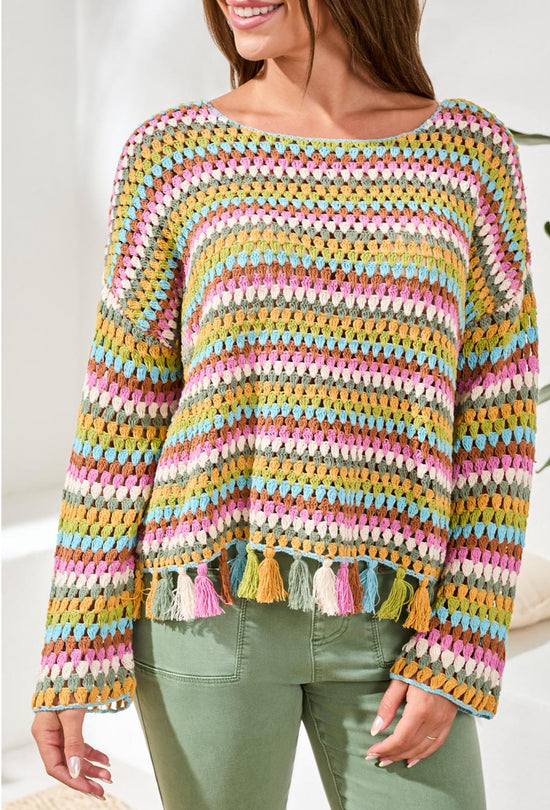 Tribal Long Bell Sleeve Sweater w/Tassels Aqua/Green/Pink Striped
