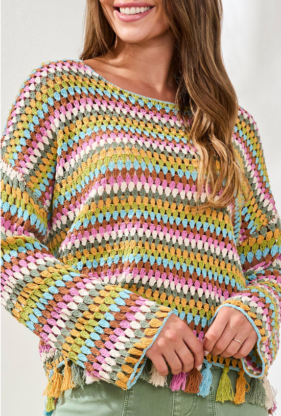 Tribal Long Bell Sleeve Sweater w/Tassels Aqua/Green/Pink Striped