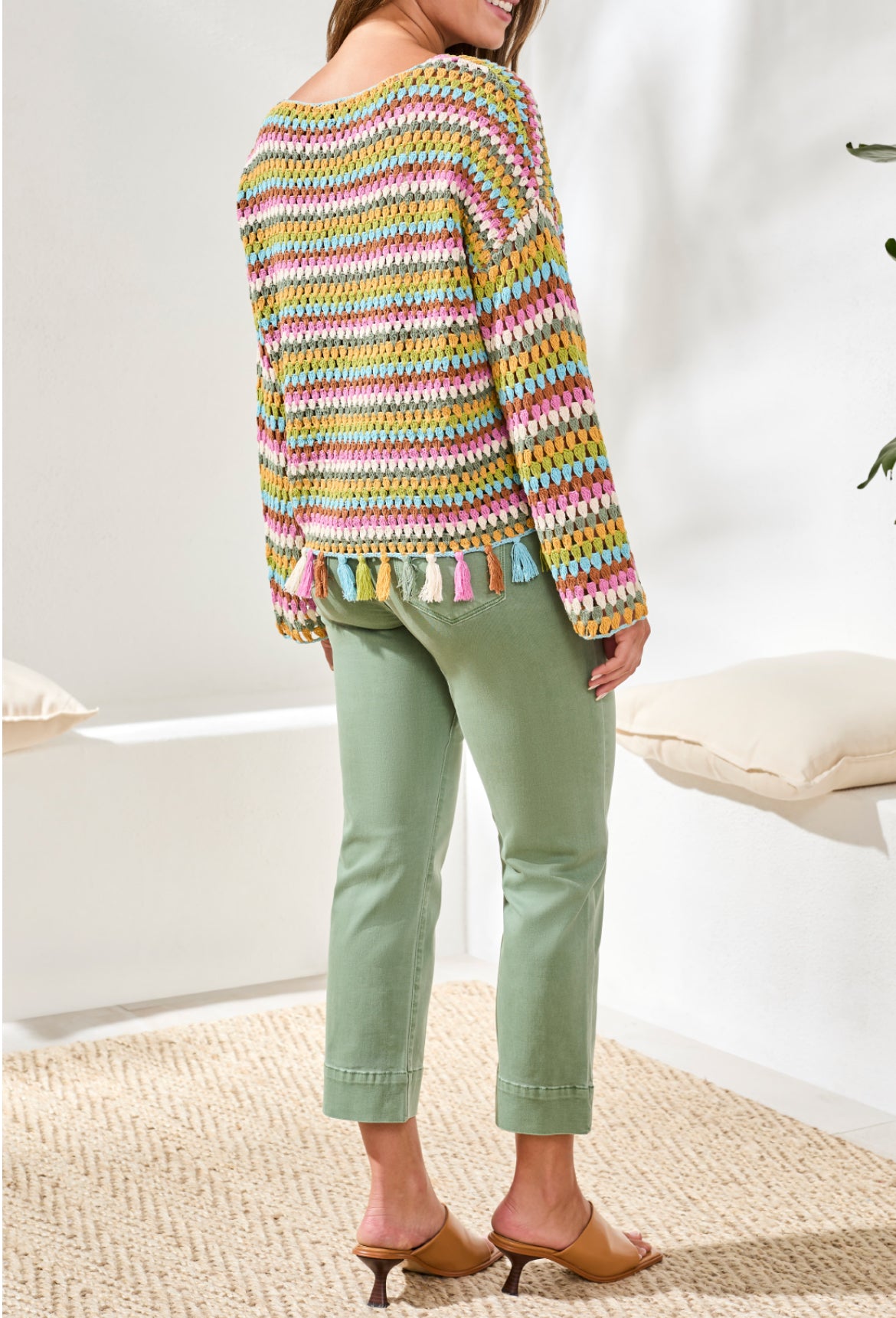 Tribal Long Bell Sleeve Sweater w/Tassels Aqua/Green/Pink Striped
