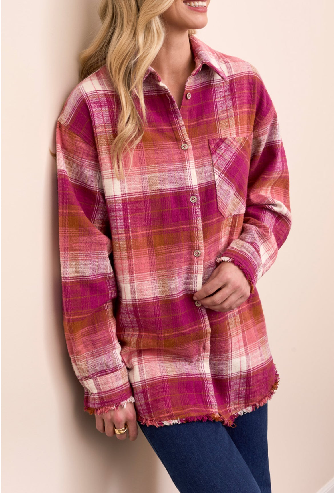 Tribal L/S Plaid Shirt Fringe Hem Plumwine