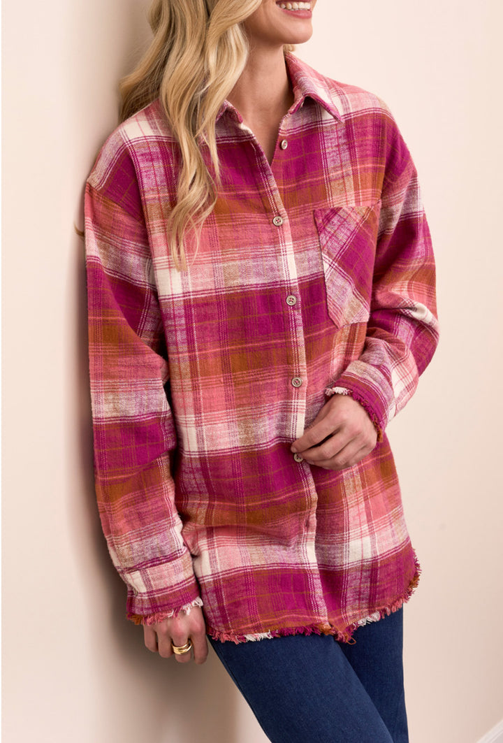 Tribal L/S Plaid Shirt Fringe Hem Plumwine