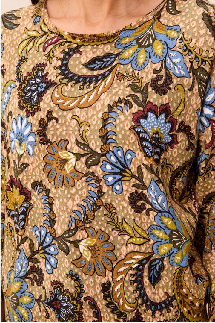 Tribal 3/4 Quarter Sleeve Crew Neck Sweater Brown Blue Pattern